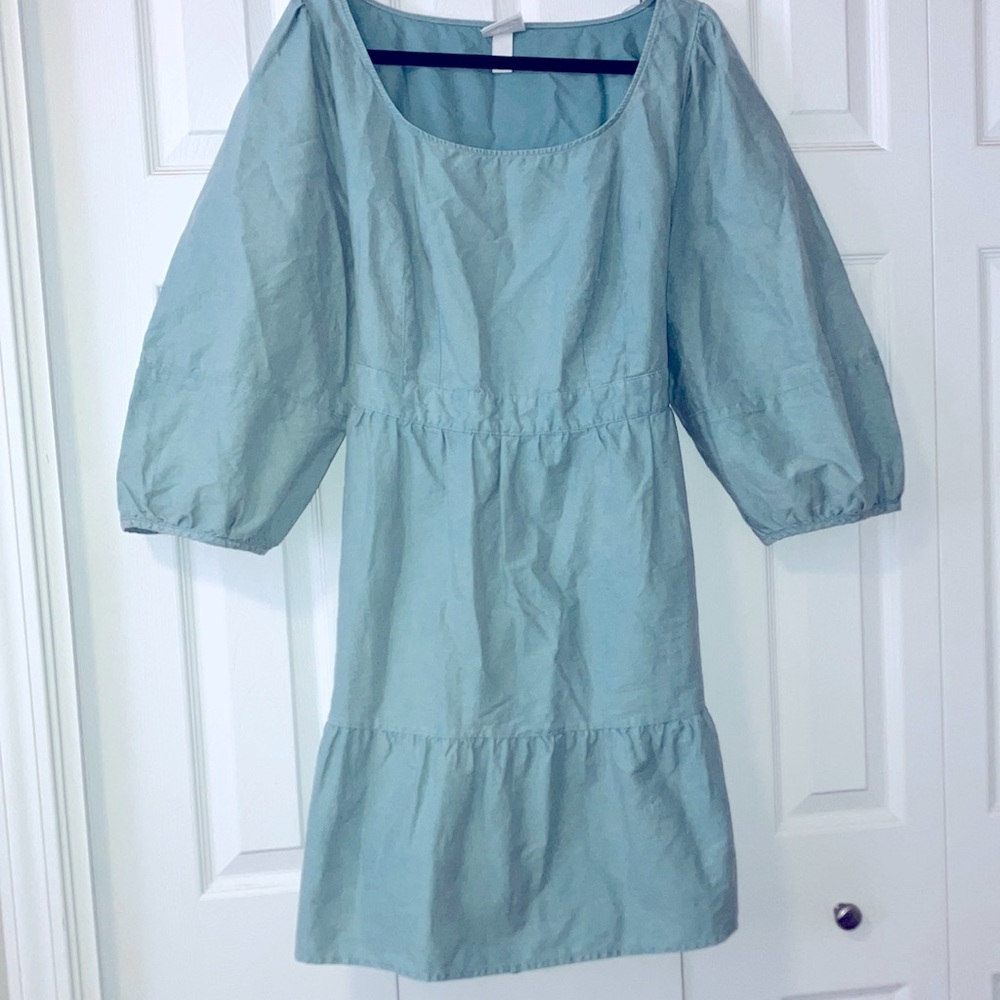 Aqua boho dress, size listed as X, which seems like a 16-17. attached tie back.